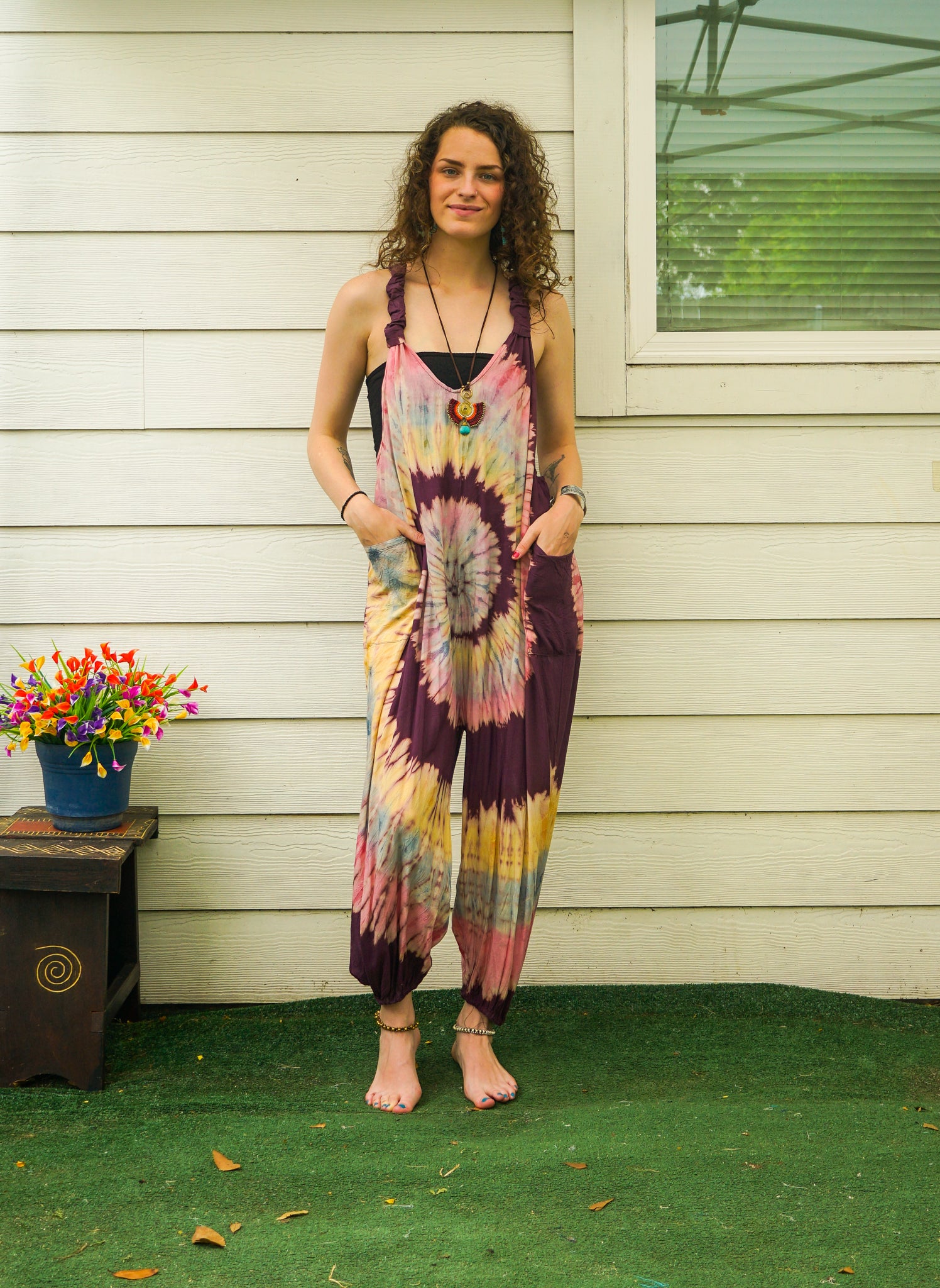 Berry Burst Hand Dyed Dungarees Overalls Jumpsuit with Pockets