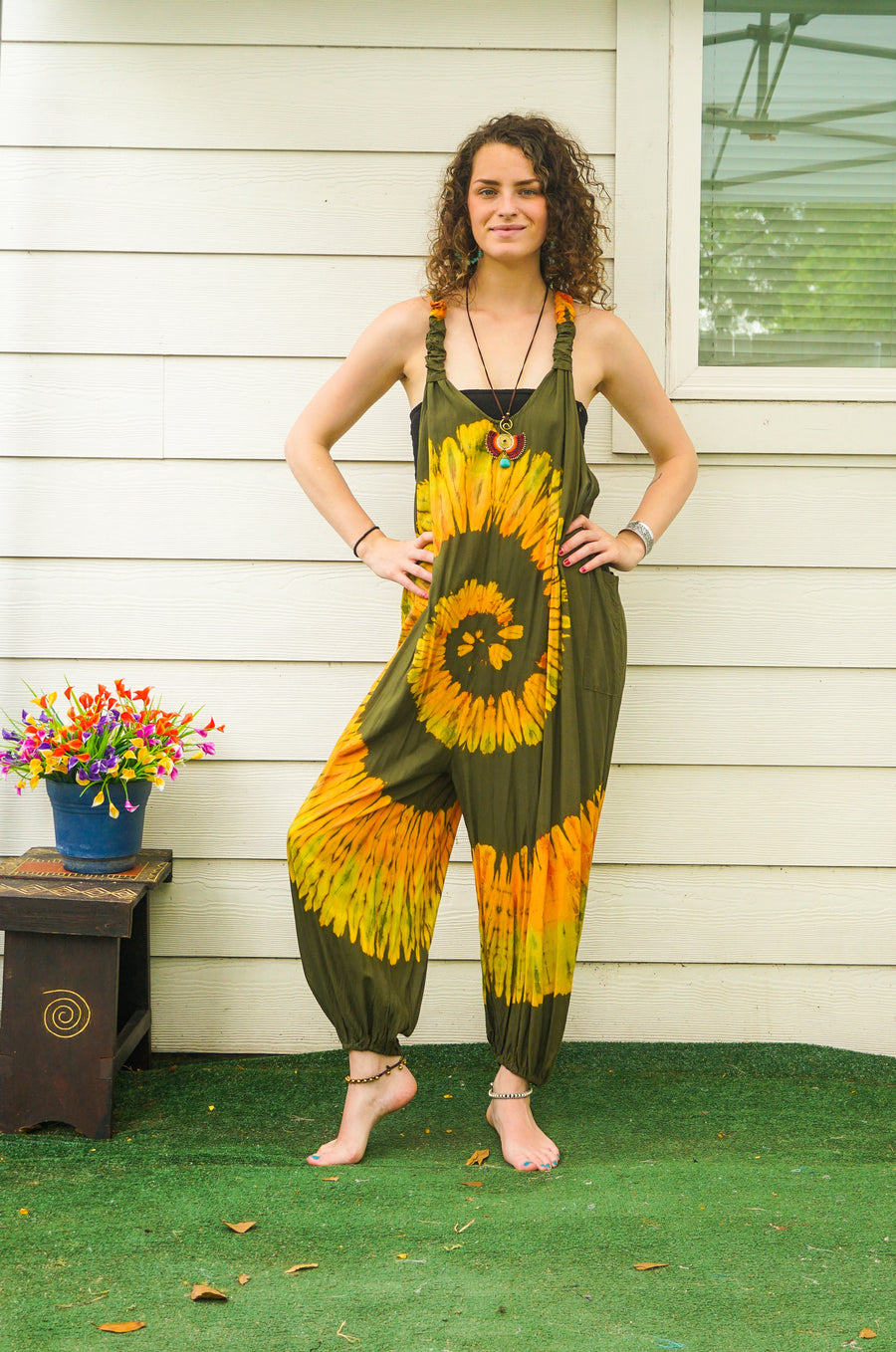 Sunroot Hand Dyed Dungarees Overalls Jumpsuit with Pockets