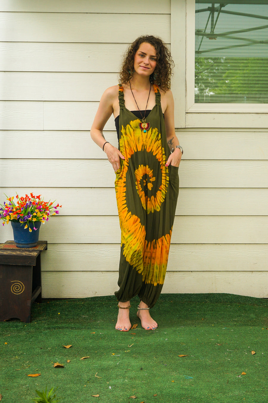 Sunroot Hand Dyed Dungarees Overalls Jumpsuit with Pockets