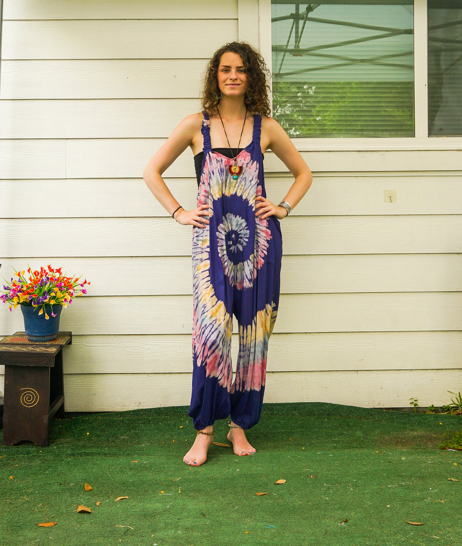 Indigo Swirl Hand Dyed Dungarees Overalls Jumpsuit with Pockets