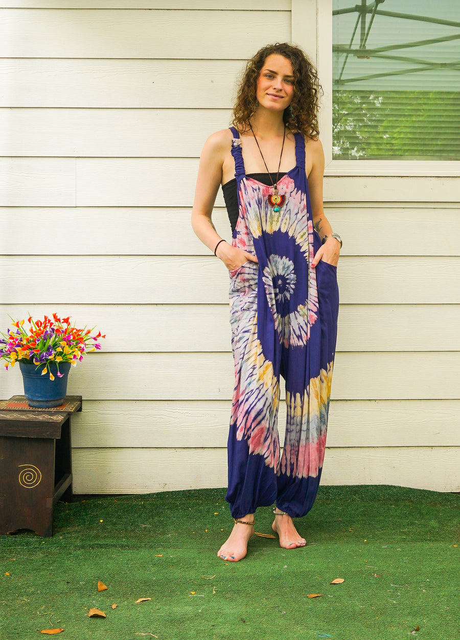 Indigo Swirl Hand Dyed Dungarees Overalls Jumpsuit with Pockets