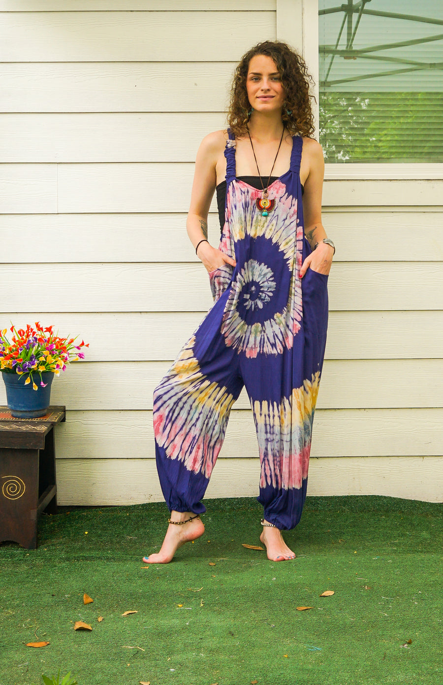 Indigo Swirl Hand Dyed Dungarees Overalls Jumpsuit with Pockets