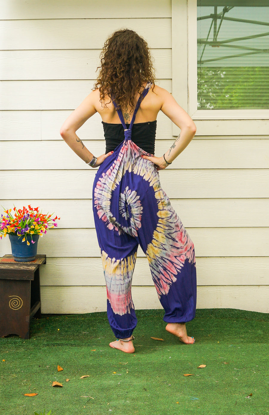 Indigo Swirl Hand Dyed Dungarees Overalls Jumpsuit with Pockets