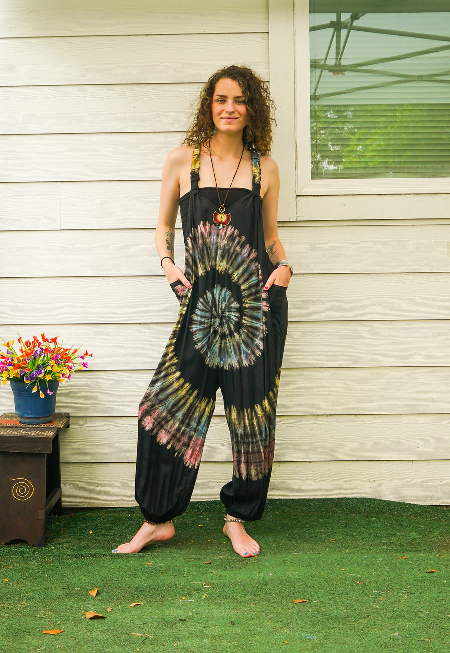 Moonlit Spiral Hand Dyed Dungarees Overalls Jumpsuit with Pockets