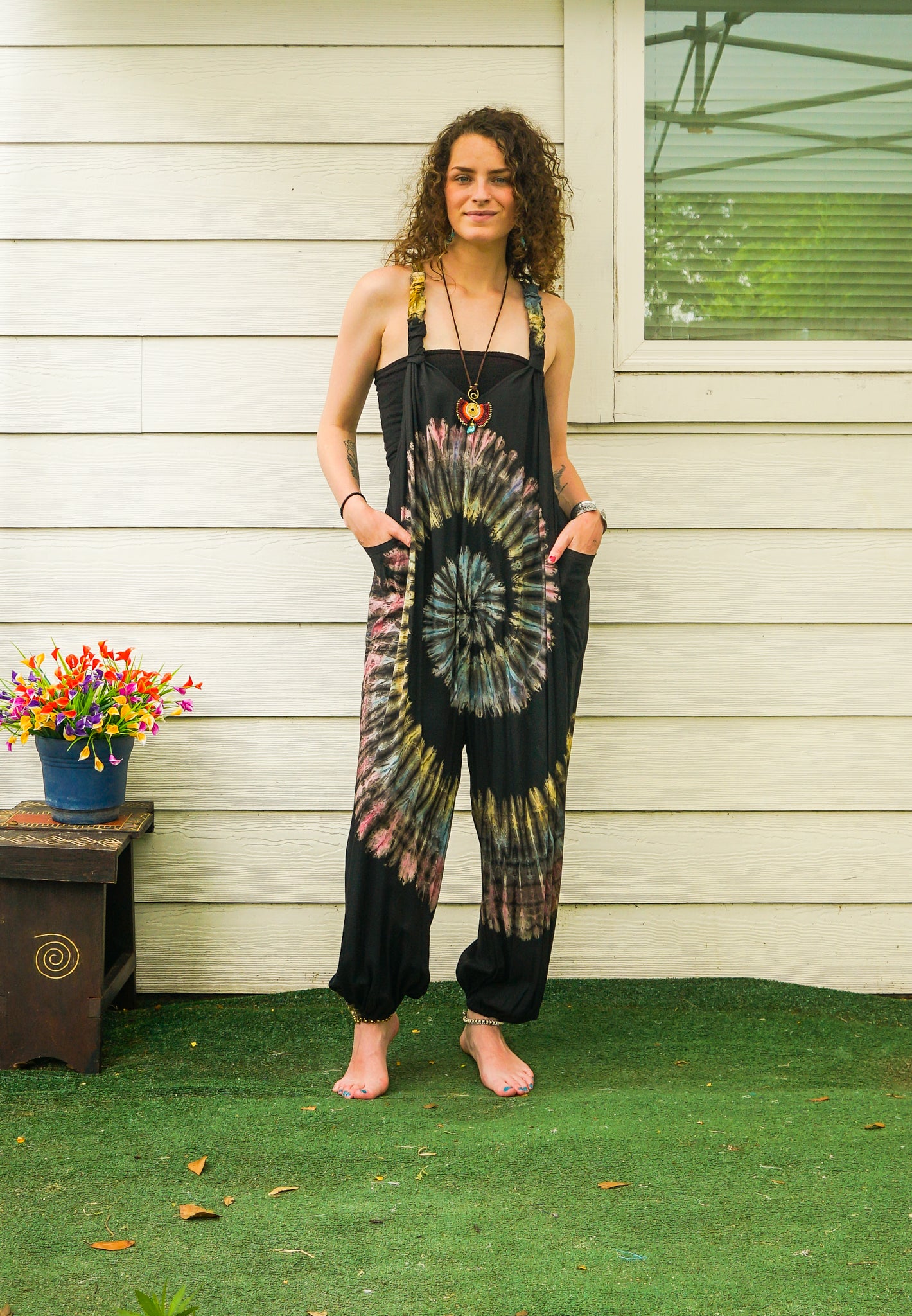 Moonlit Spiral Hand Dyed Dungarees Overalls Jumpsuit with Pockets