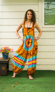 Sunburst Swirl Dungarees Hand Dyed Boho Dungarees Overalls Jumpsuit with Pockets