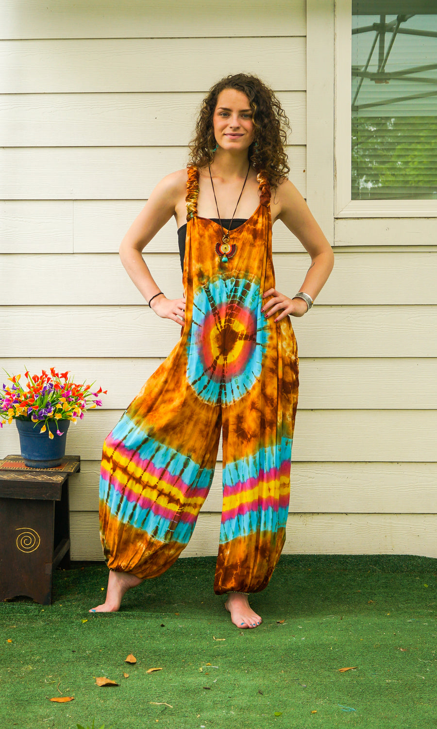 Sunburst Swirl Dungarees Hand Dyed Boho Dungarees Overalls Jumpsuit with Pockets