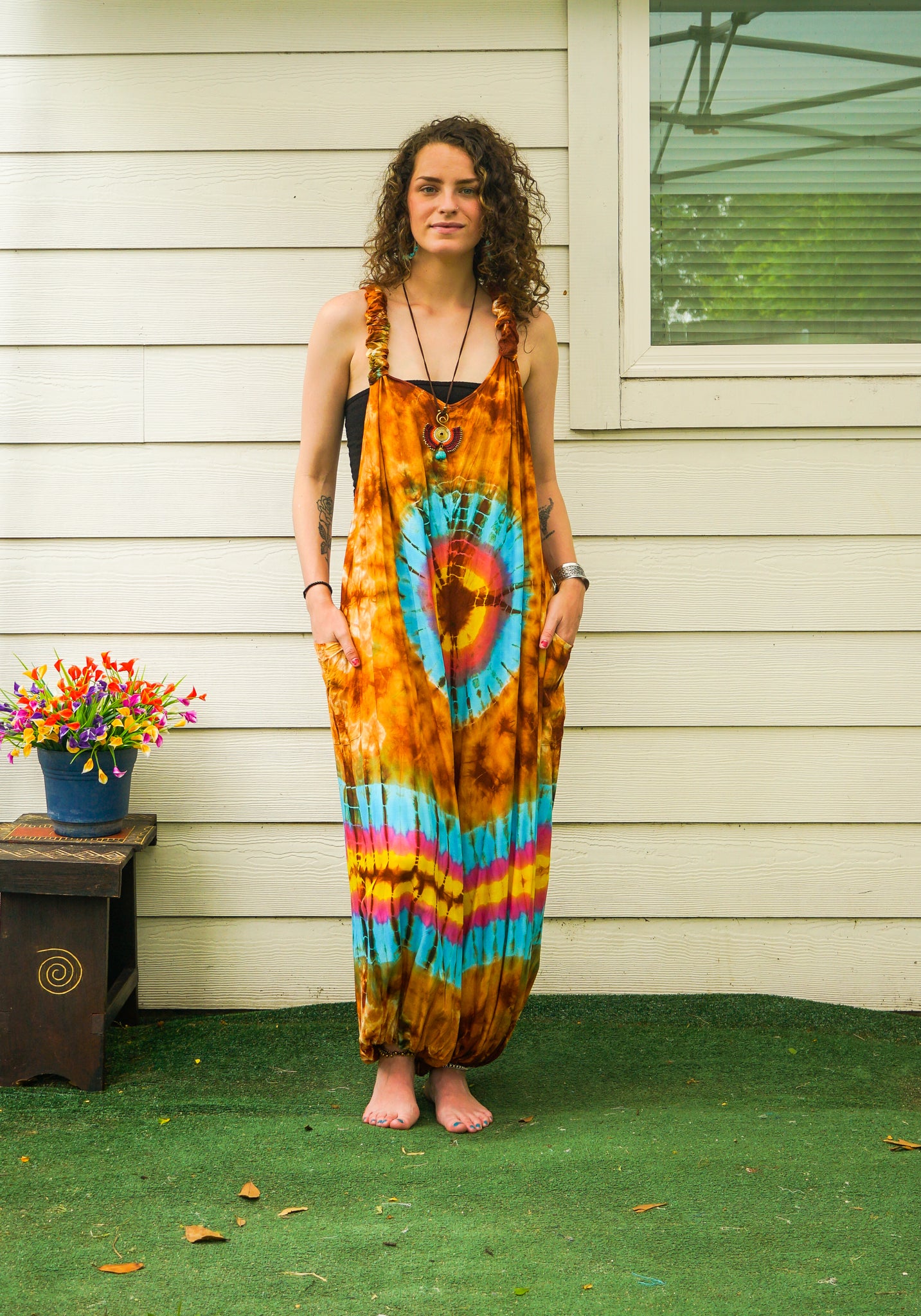 Sunburst Swirl Dungarees Hand Dyed Boho Dungarees Overalls Jumpsuit with Pockets