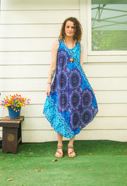 Indigo Bloom Mandala Boho Beach Midi Dress Sundress