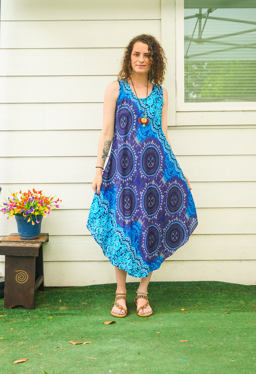 Indigo Bloom Mandala Boho Beach Midi Dress Sundress