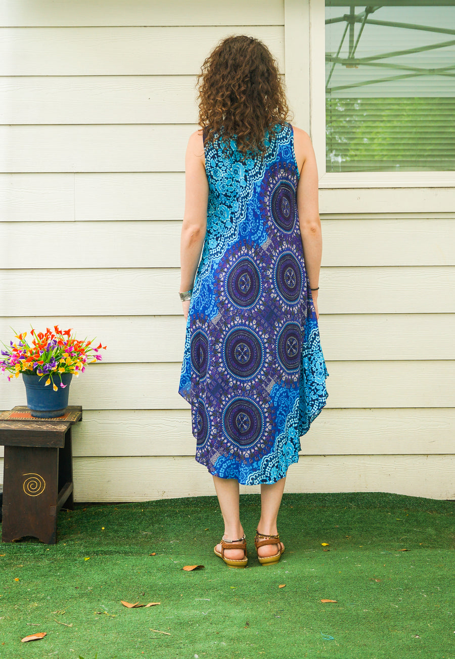 Indigo Bloom Mandala Boho Beach Midi Dress Sundress