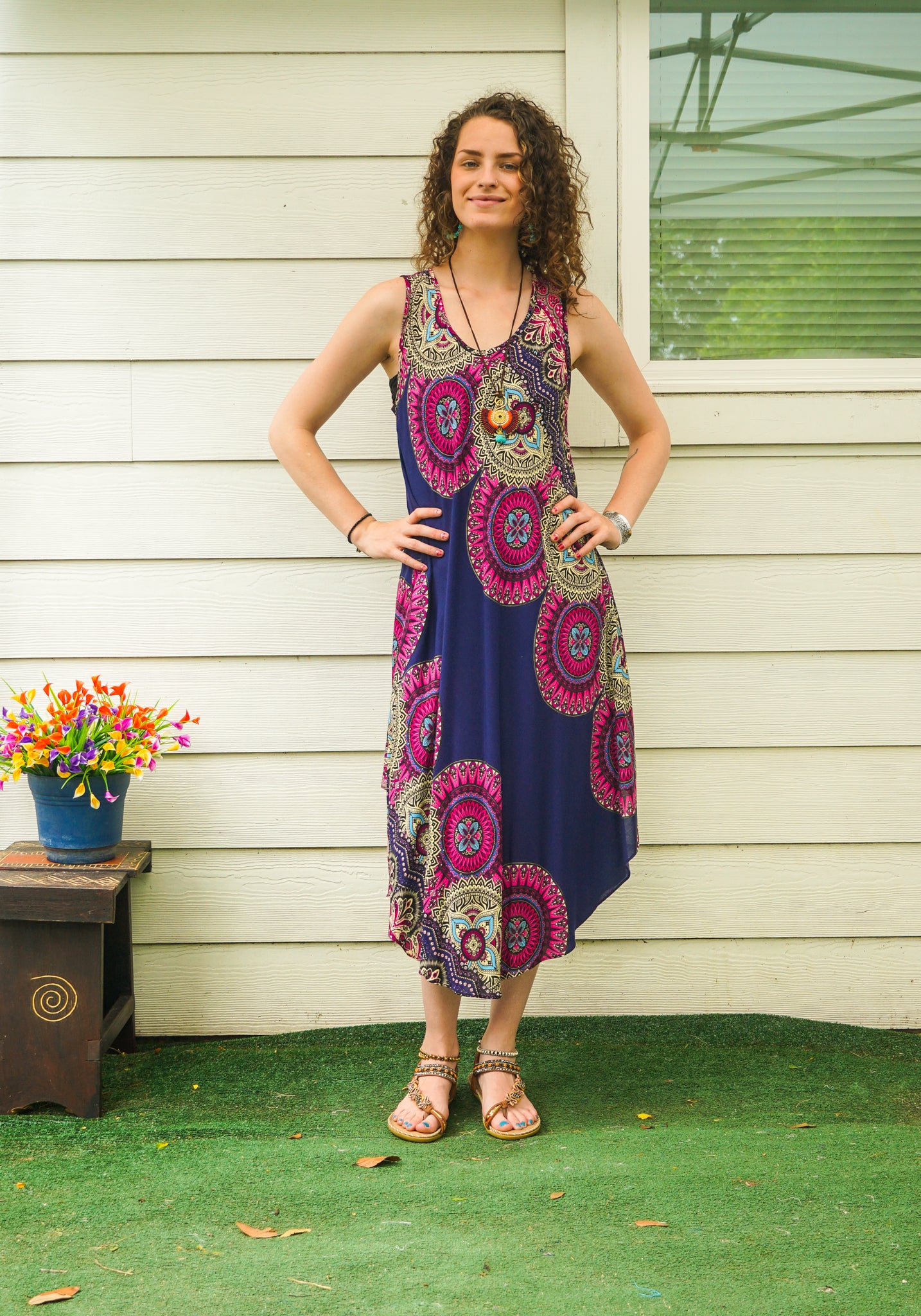 Magenta Bloom Mandala Boho Beach Midi Dress Sundress