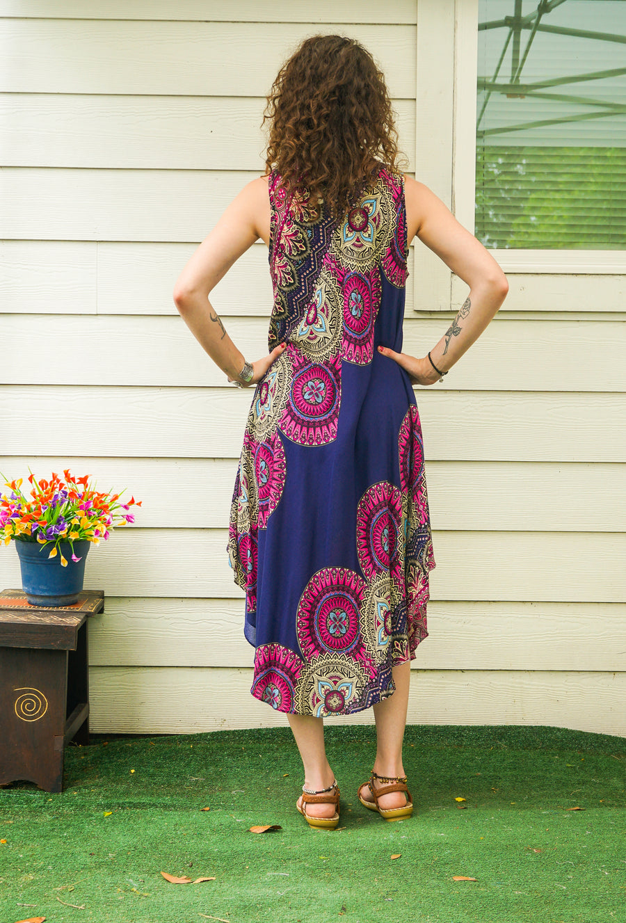 Magenta Bloom Mandala Boho Beach Midi Dress Sundress