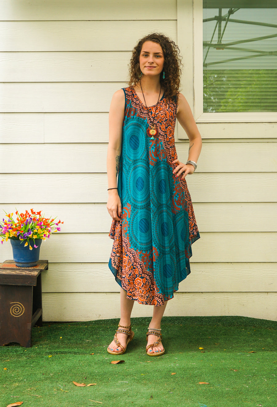 Rust & Teal Reverie Boho Beach Midi Dress Sundress