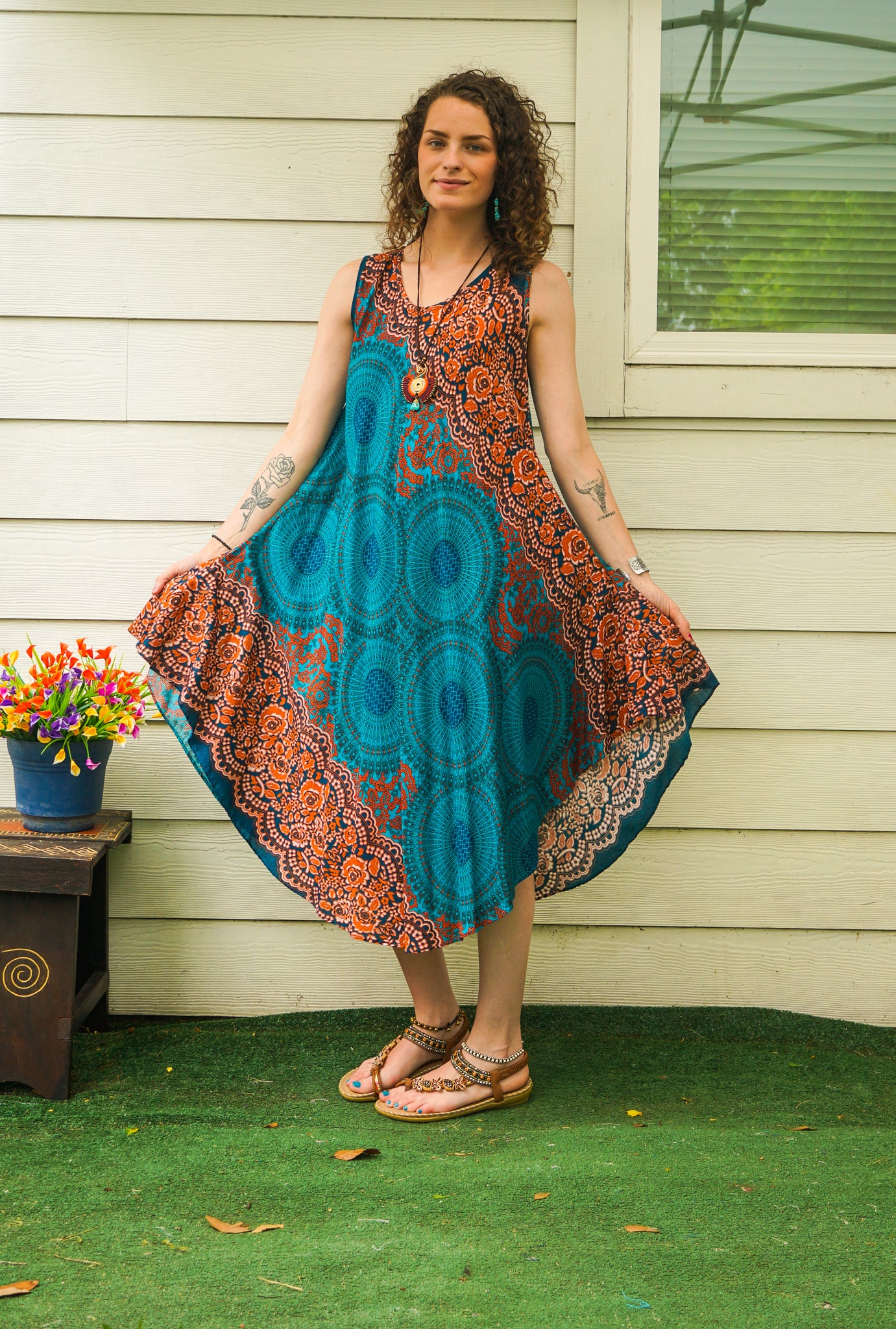 Rust & Teal Reverie Boho Beach Midi Dress Sundress