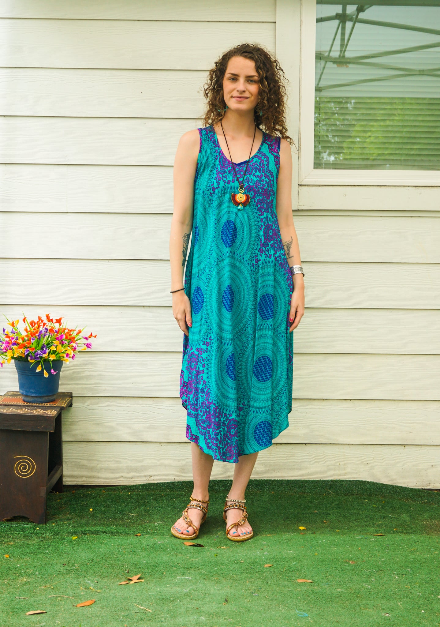 Turquoise Spirit Mandala Boho Beach Midi Dress Sundress