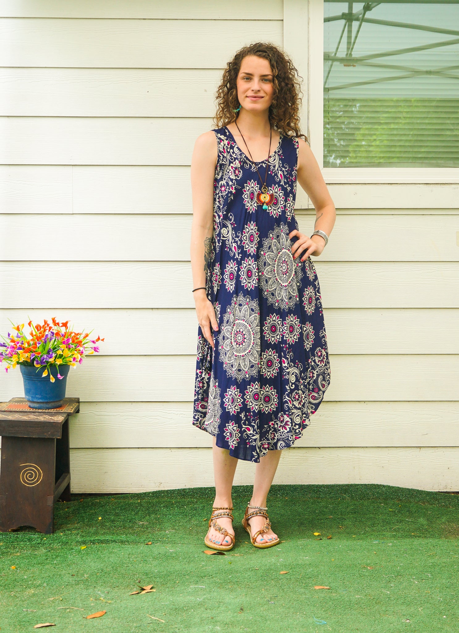 Blue Mandala Paisley Boho Midi Dress
