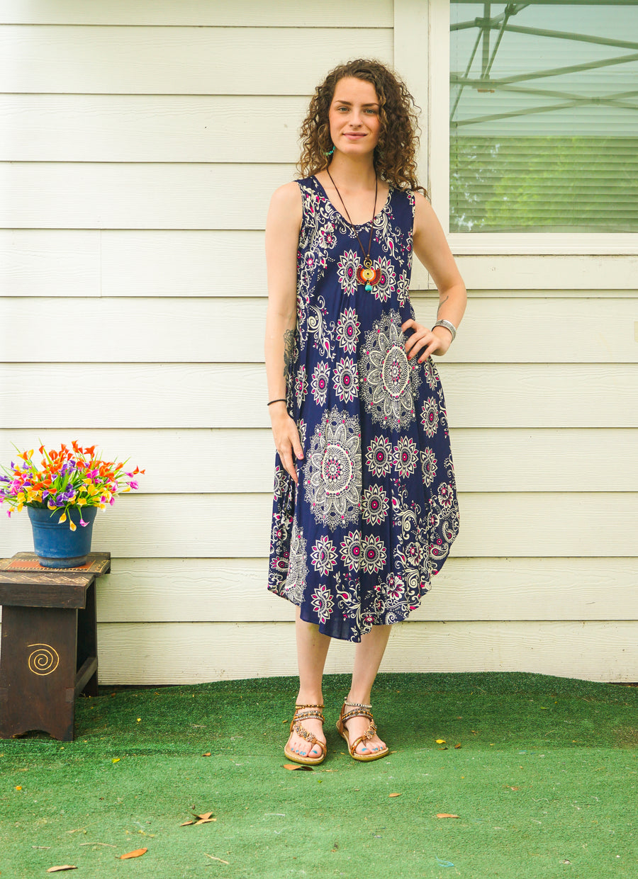 Blue Mandala Paisley Boho Midi Dress