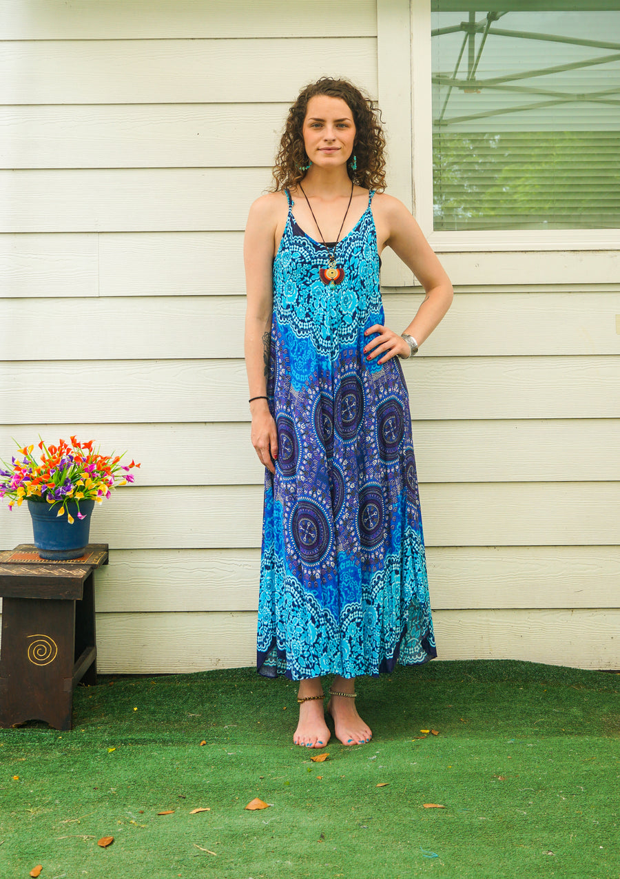 Blue Floral Mandala Maxi Dress