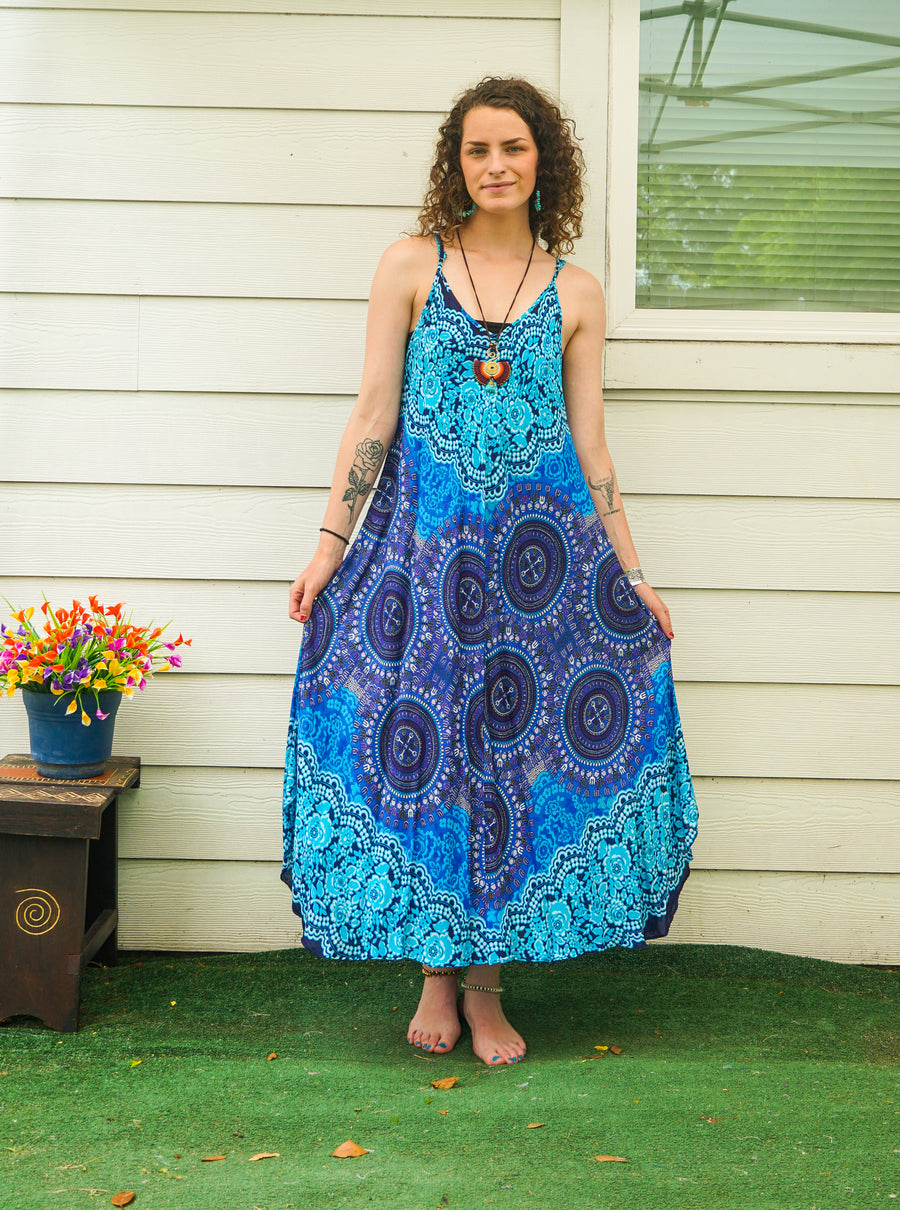 Blue Floral Mandala Maxi Dress