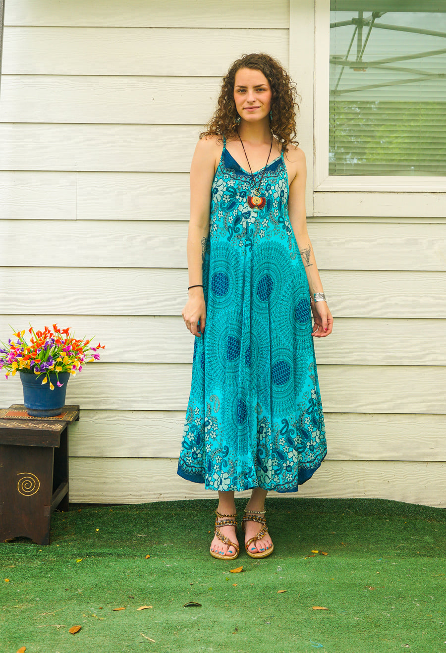 Turquoise Floral Mandala Maxi Dress