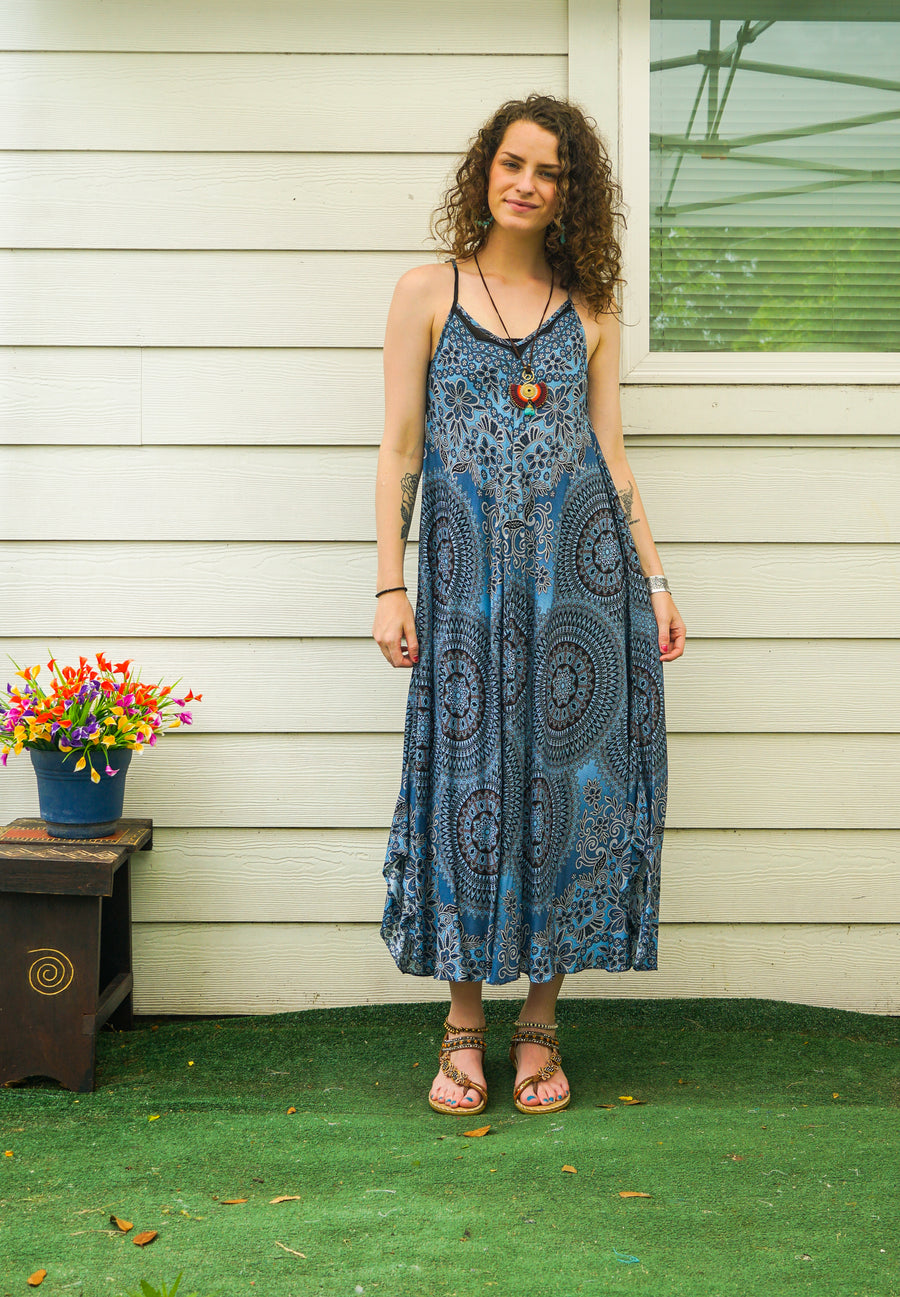 Blue Floral Mandala Maxi Dress