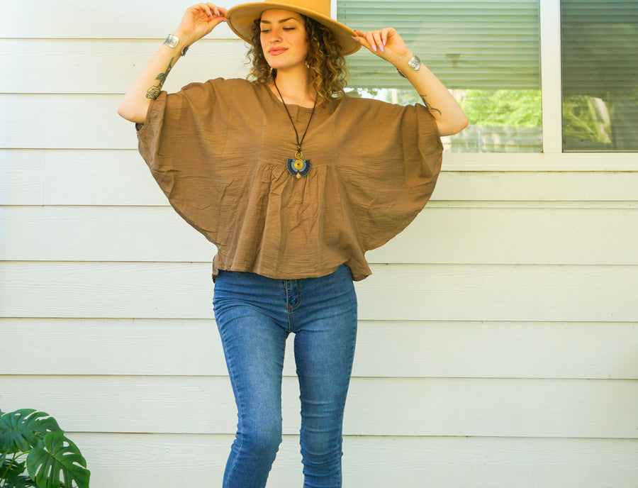Brown Raw Natural Cotton Gauze Boho Minimalist Blouse