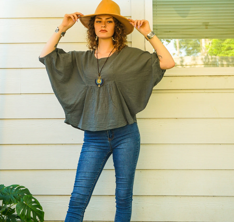 Gray Raw Natural Cotton Gauze Boho Minimalist Blouse