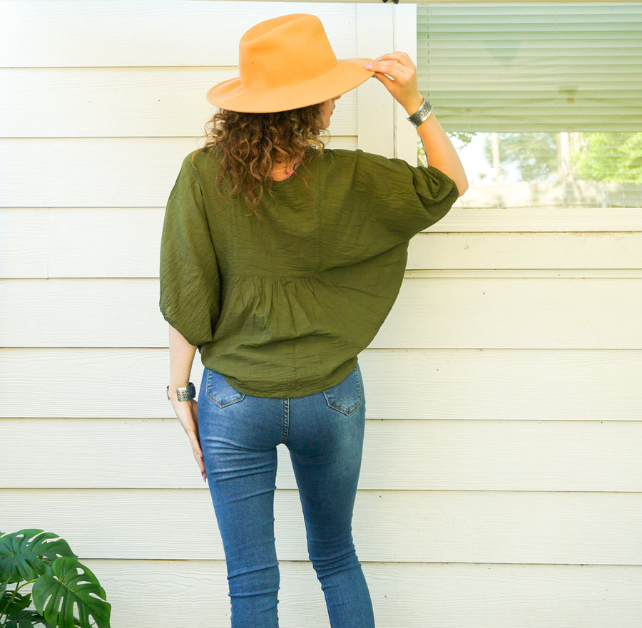 Olive Green Raw Natural Cotton Gauze Boho Minimalist Blouse