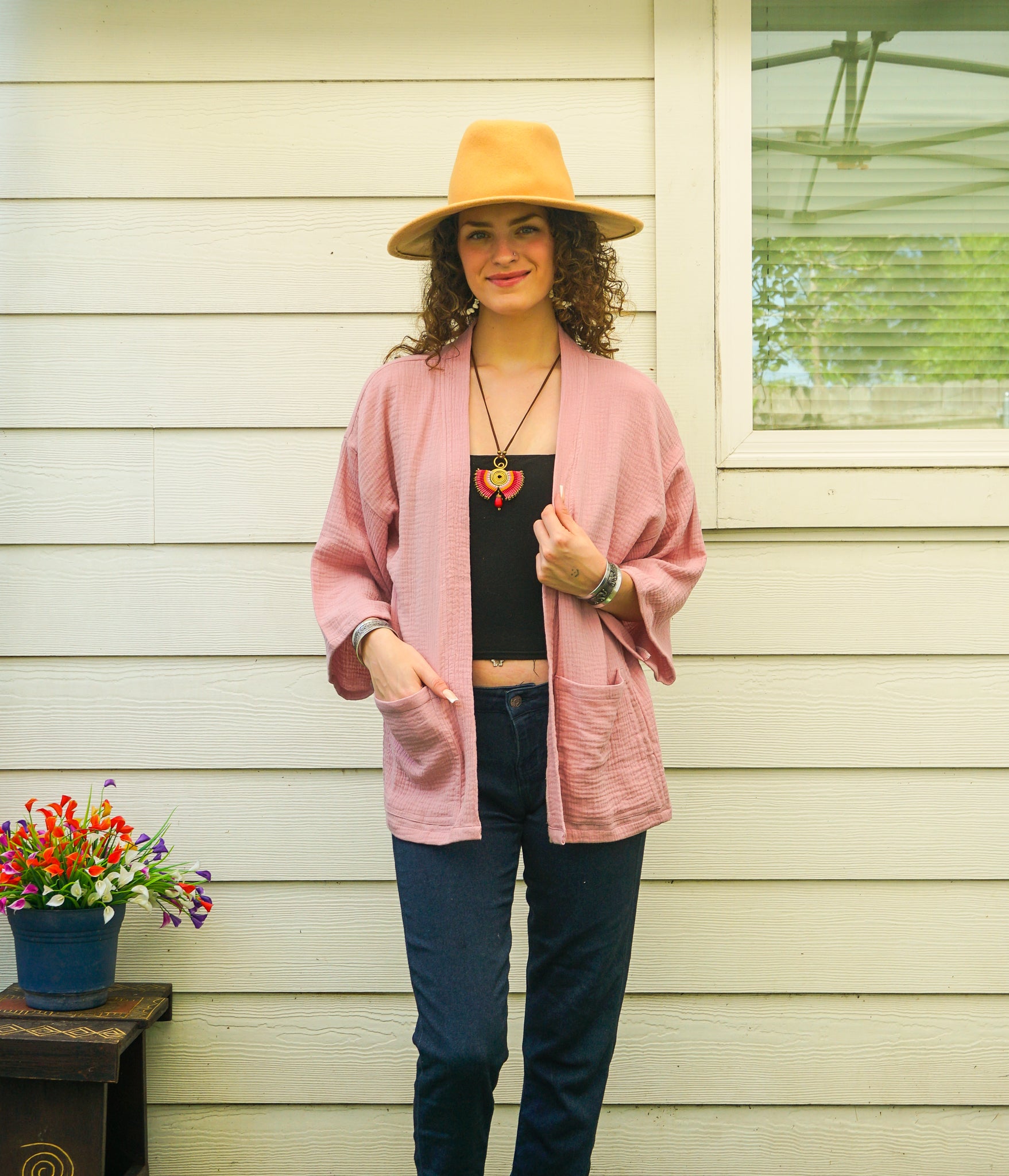 Mauve Blush Organic Crinkled Double Gauze Cotton Kimono Blouse Cardigan with Pockets