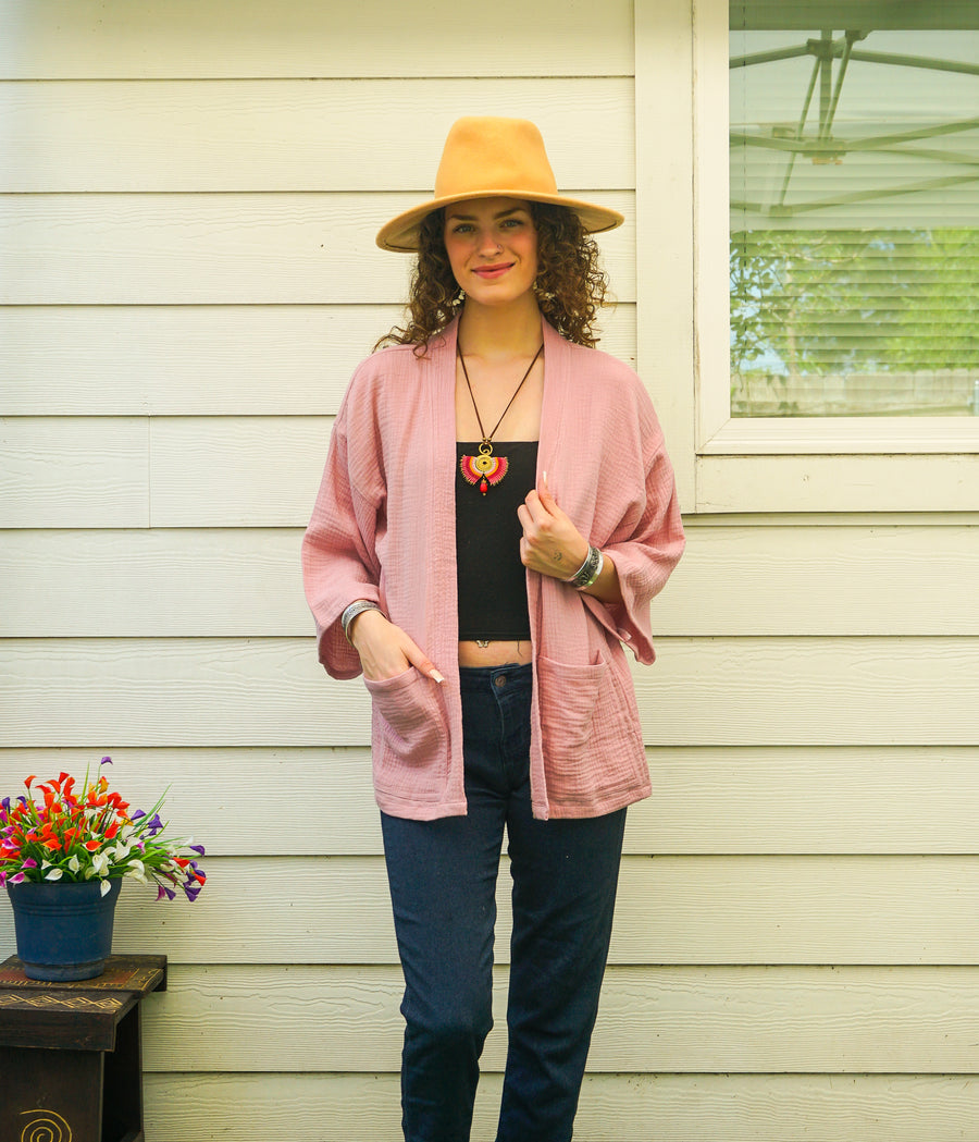 Mauve Blush Organic Crinkled Double Gauze Cotton Kimono Blouse Cardigan with Pockets
