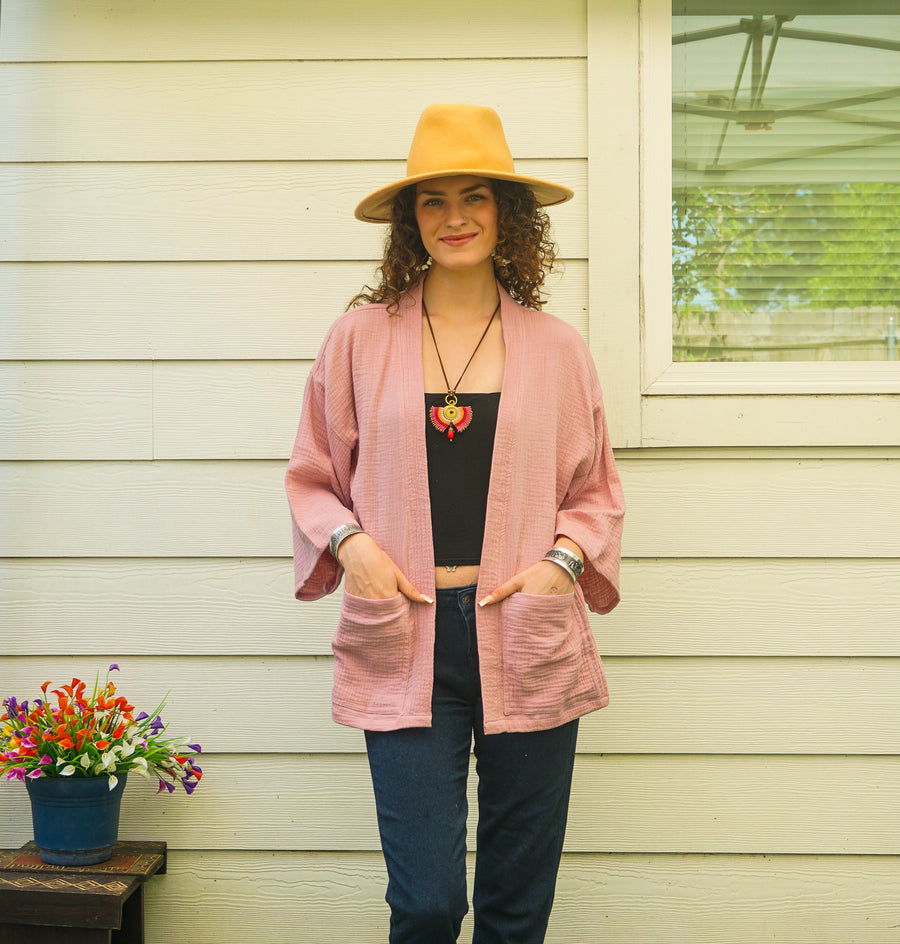 Mauve Blush Organic Crinkled Double Gauze Cotton Kimono Blouse Cardigan with Pockets