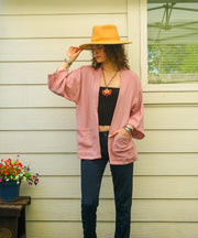 Mauve Blush Organic Crinkled Double Gauze Cotton Kimono Blouse Cardigan with Pockets