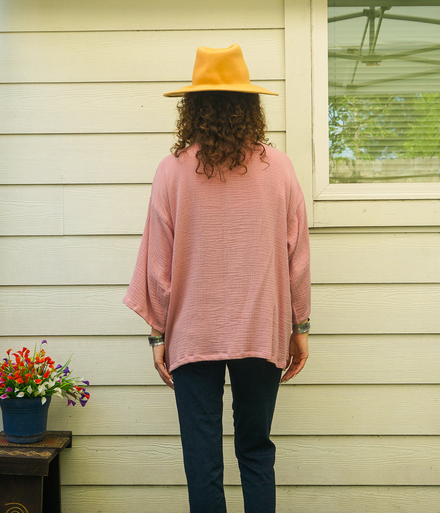 Mauve Blush Organic Crinkled Double Gauze Cotton Kimono Blouse Cardigan with Pockets