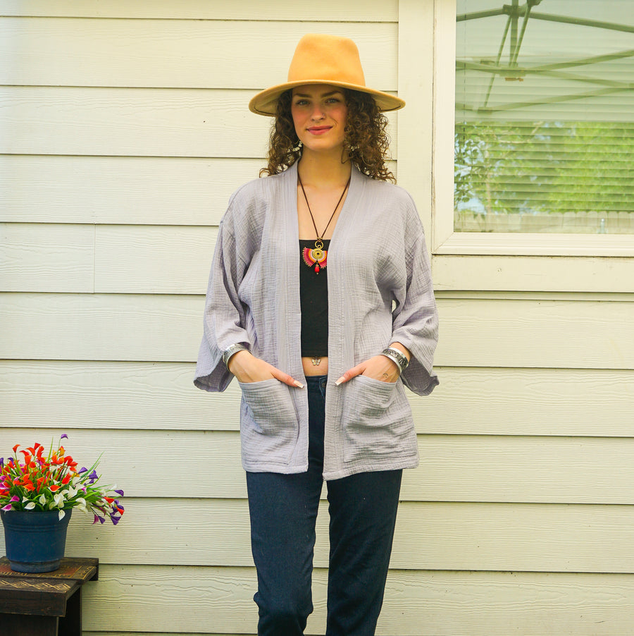 Lavender Mist Organic Crinkled Double Gauze Cotton Kimono Blouse Cardigan with Pockets