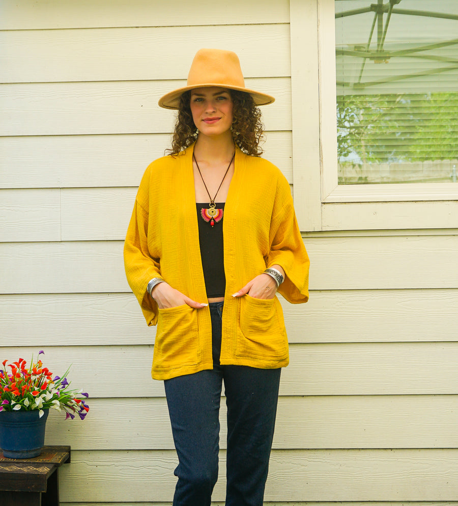 Golden Mustard Organic Crinkled Double Gauze Cotton Kimono Blouse Cardigan with Pockets