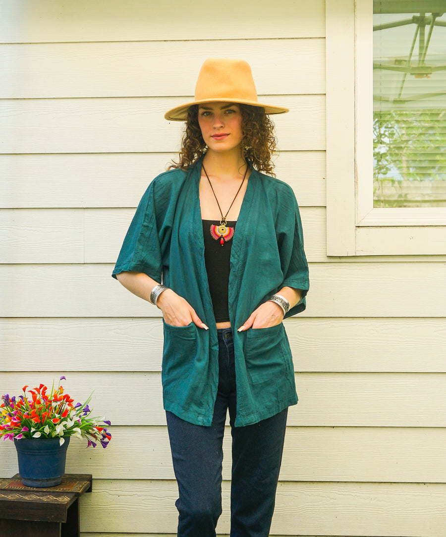 Evergreen Teal Raw Natural Cotton Gauze Cardigan with Pockets