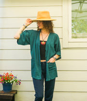 Evergreen Teal Raw Natural Cotton Gauze Cardigan with Pockets