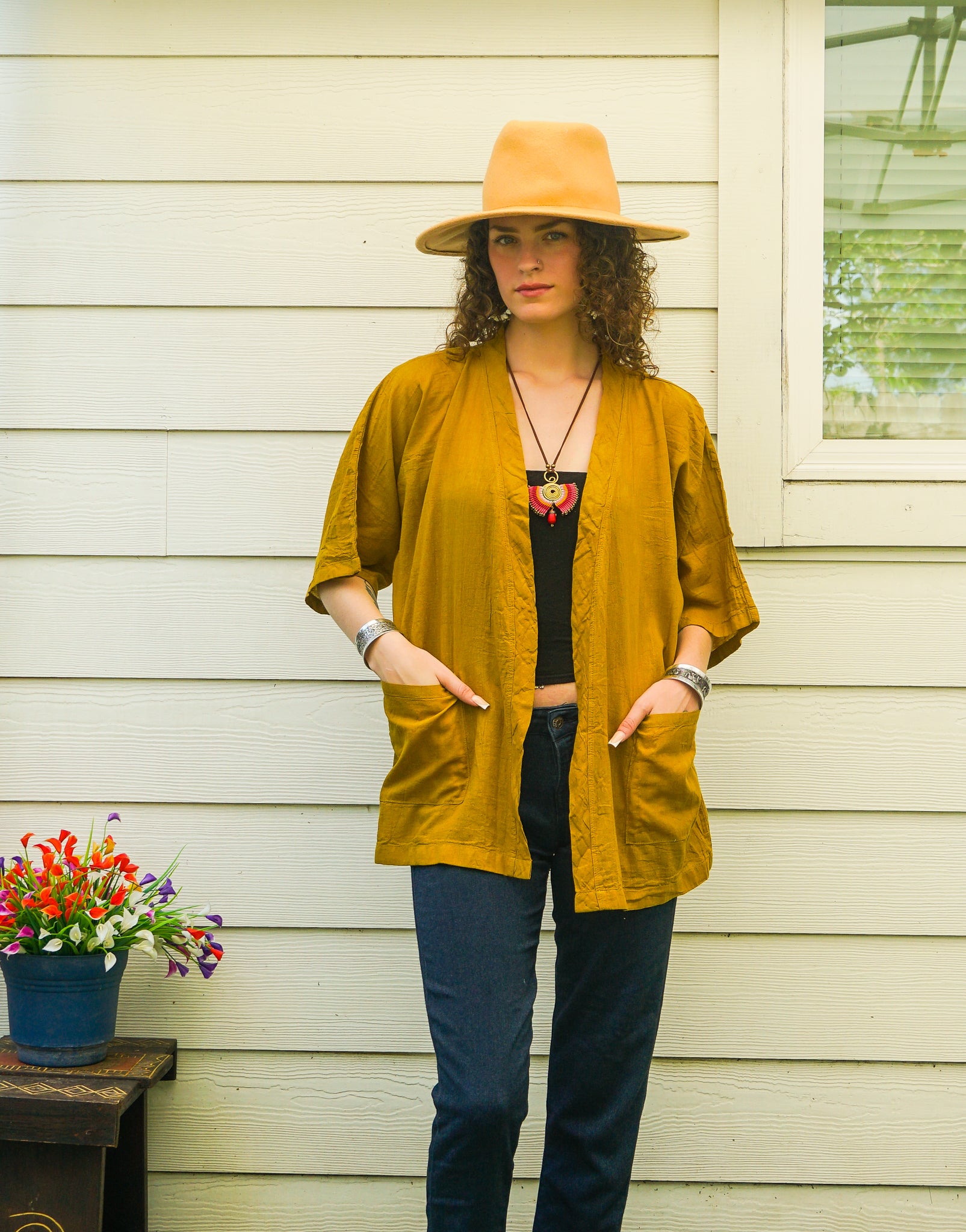 Mustard Yellow Raw Natural Cotton Gauze Cardigan with Pockets