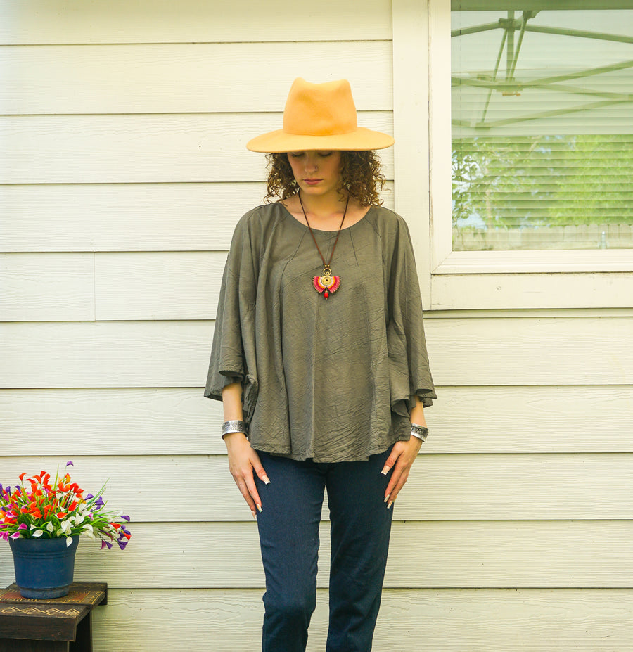 Earthy Sage Raw Cotton Gauze Boho Blouse – Oversized Organic Butterfly Top