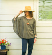 Earthy Sage Raw Cotton Gauze Boho Blouse – Oversized Organic Butterfly Top