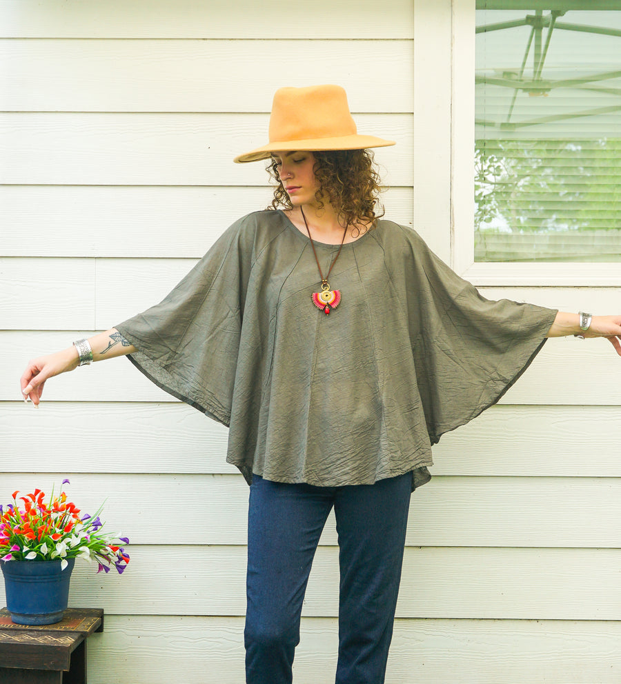 Earthy Sage Raw Cotton Gauze Boho Blouse – Oversized Organic Butterfly Top