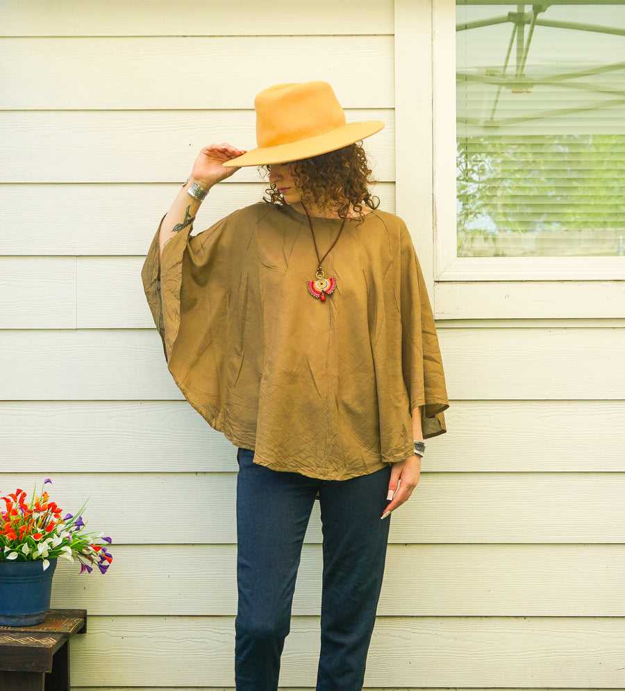 Olive Clay Raw Cotton Gauze Boho Blouse – Oversized Organic Butterfly Top