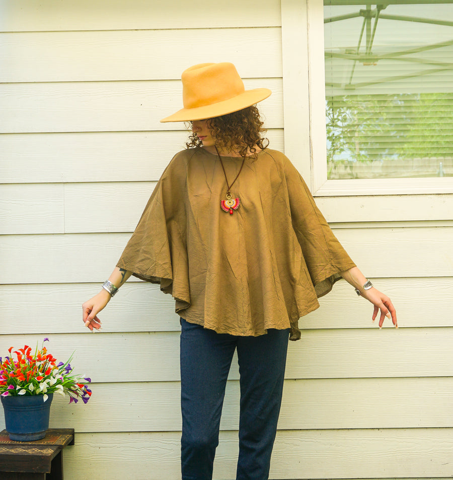 Olive Clay Raw Cotton Gauze Boho Blouse – Oversized Organic Butterfly Top