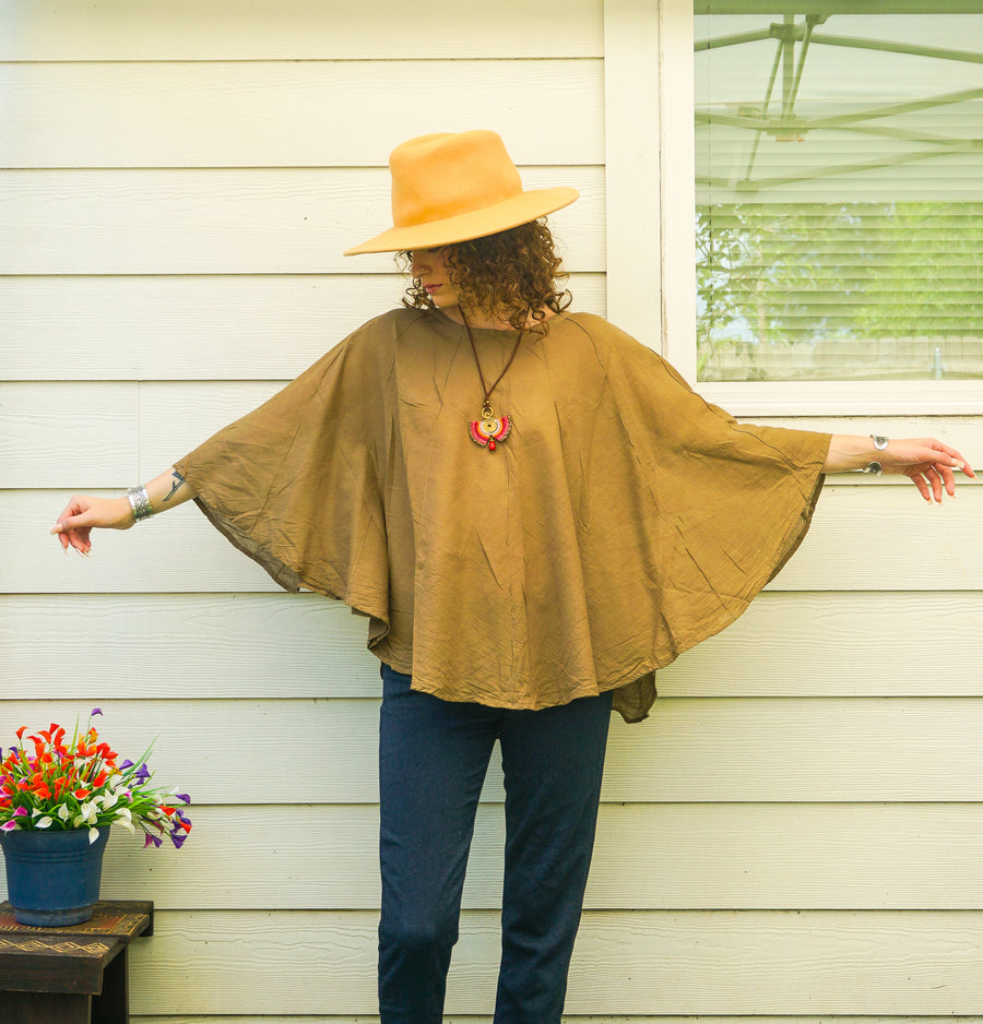 Olive Clay Raw Cotton Gauze Boho Blouse – Oversized Organic Butterfly Top