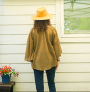 Olive Clay Raw Cotton Gauze Boho Blouse – Oversized Organic Butterfly Top