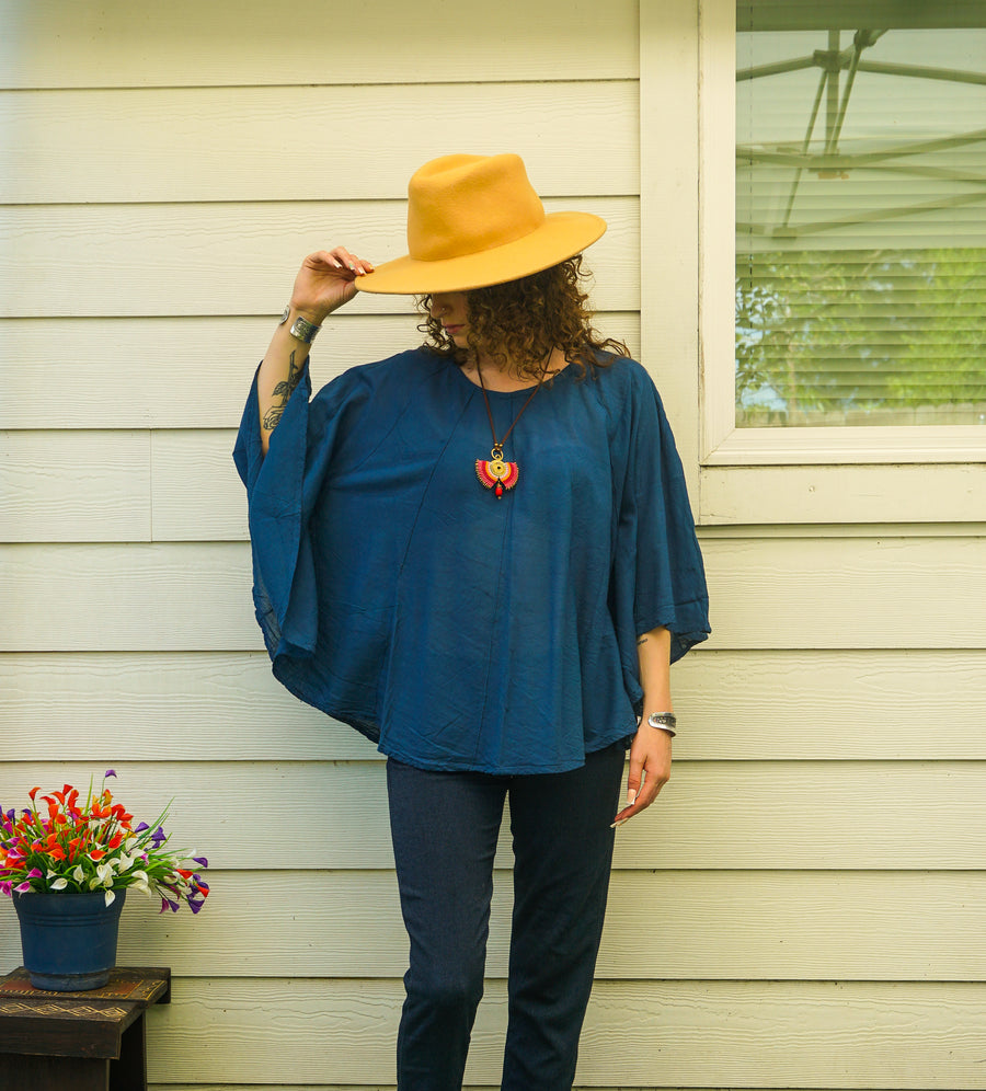 Midnight Teal Organic Cotton Gauze Boho Blouse – Flowing Oversized Top