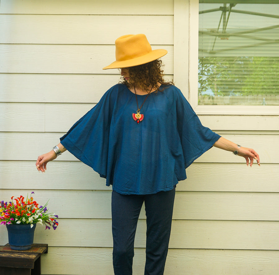 Midnight Teal Organic Cotton Gauze Boho Blouse – Flowing Oversized Top