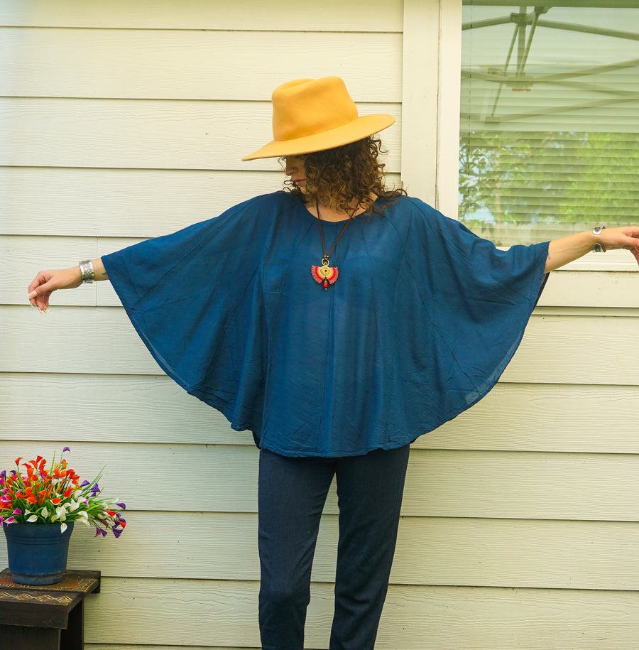 Midnight Teal Organic Cotton Gauze Boho Blouse – Flowing Oversized Top