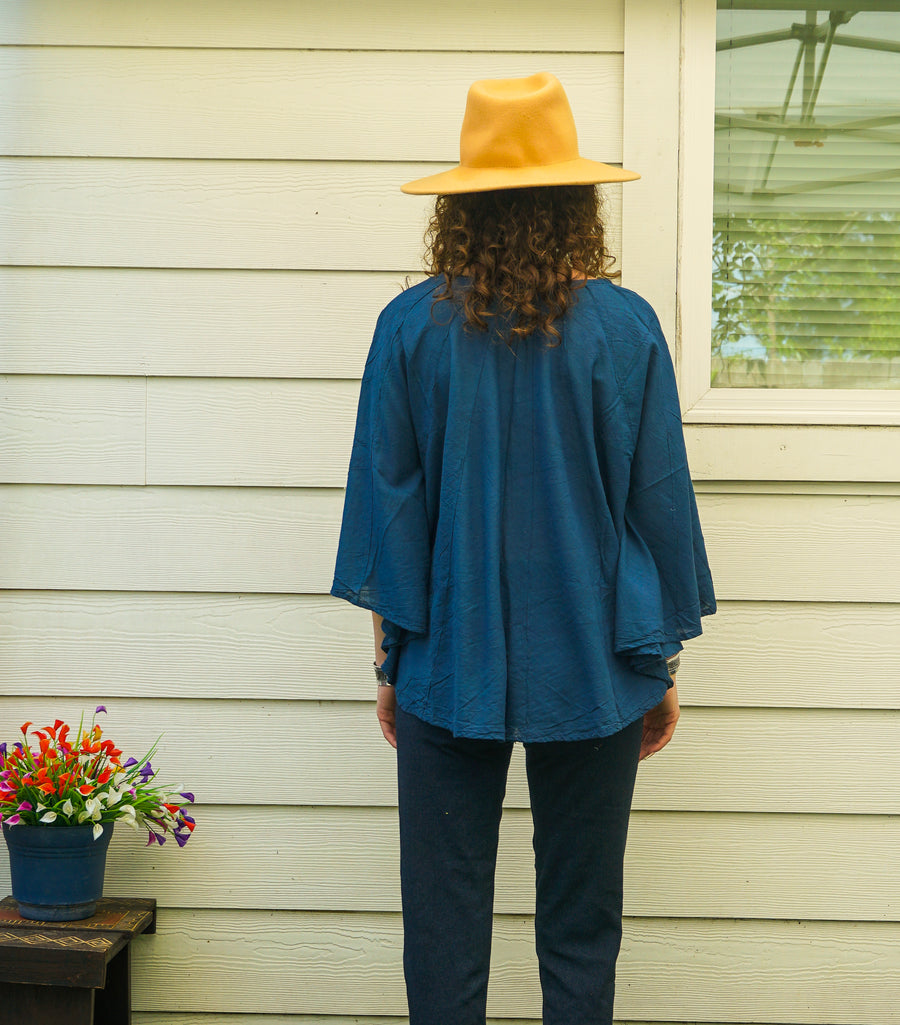 Midnight Teal Organic Cotton Gauze Boho Blouse – Flowing Oversized Top